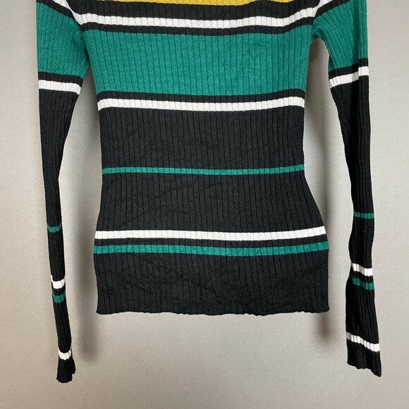 Express Ribbed Sweater Stripes Fitted Women Size Medium Teal Black Rayon Nylon - Picture 7 of 12